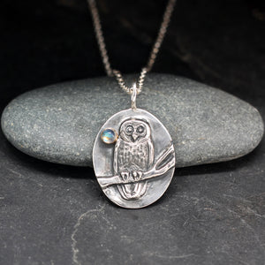 Owl on branch with moonstone sterling silver pendant