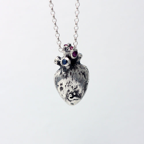 Anatomical Human Heart with rubies and sapphires in sterling silver pendant