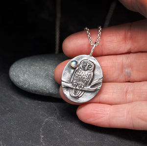 
            
                Load image into Gallery viewer, Owl on branch with moonstone sterling silver pendant
            
        