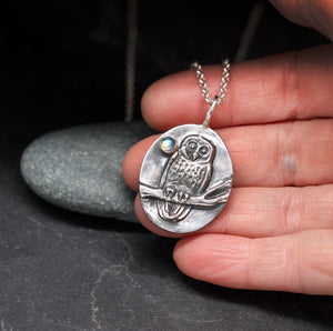 Owl on branch with moonstone sterling silver pendant