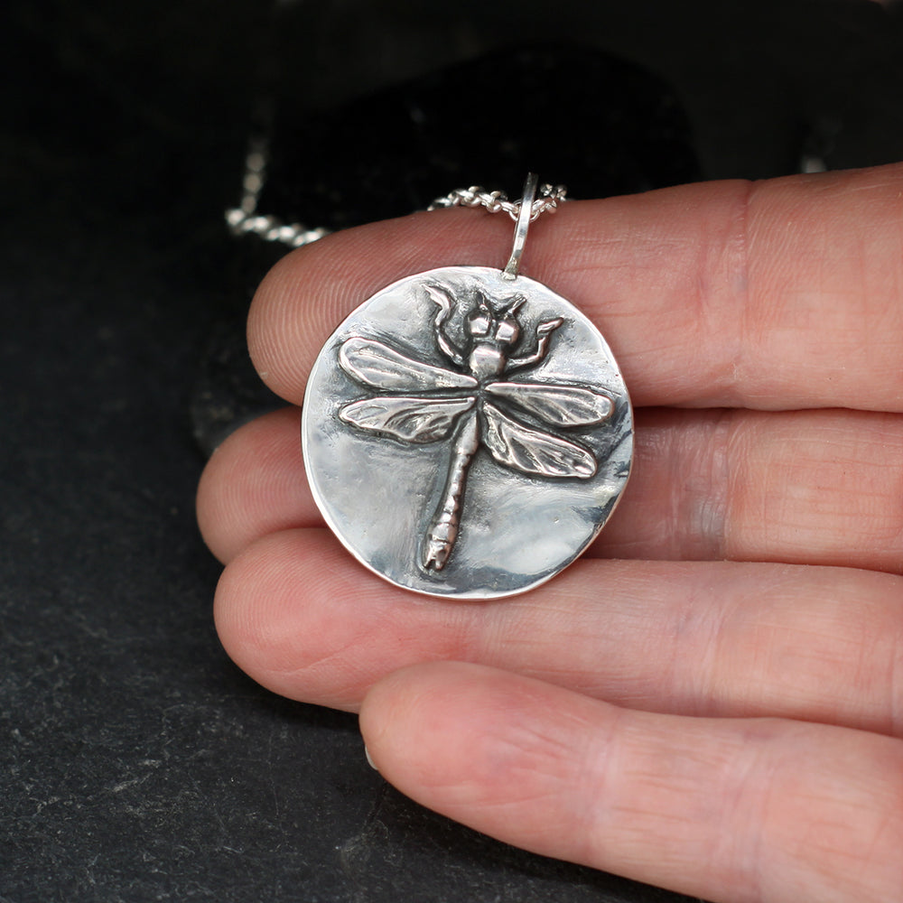 Dragonfly round sterling silver pendant necklace