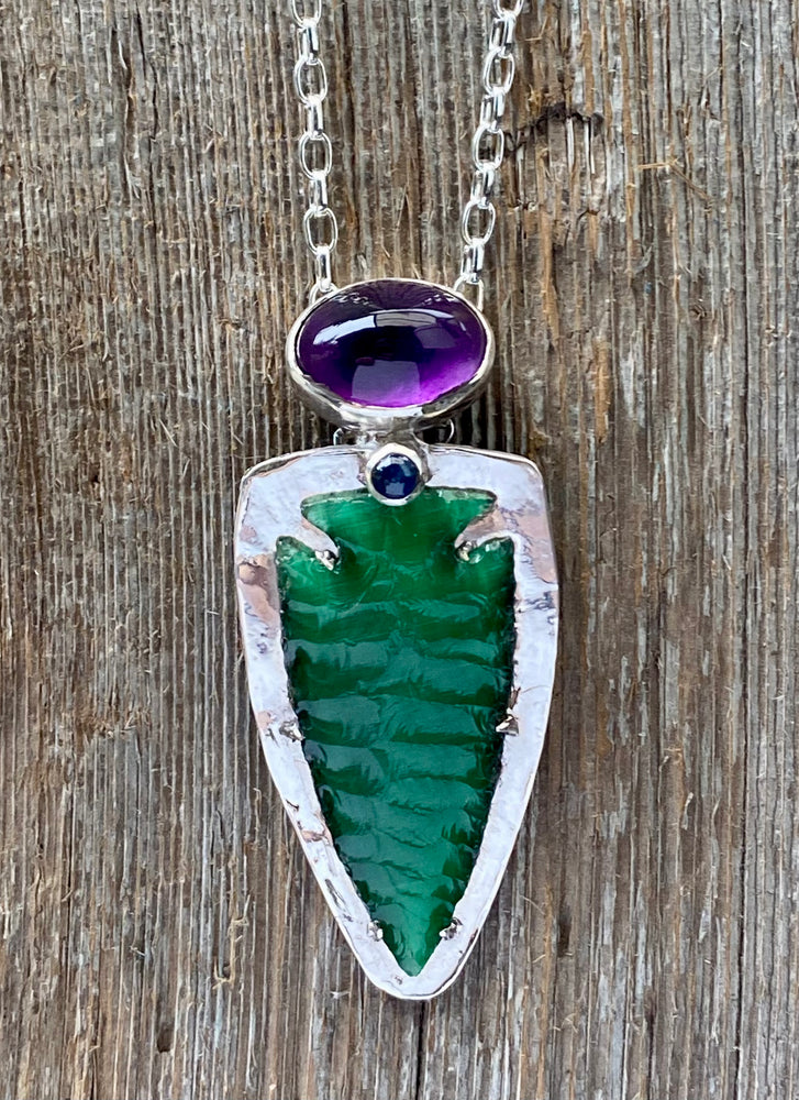 Arrowhead sterling one of a kind pendant with amethyst and sapphire