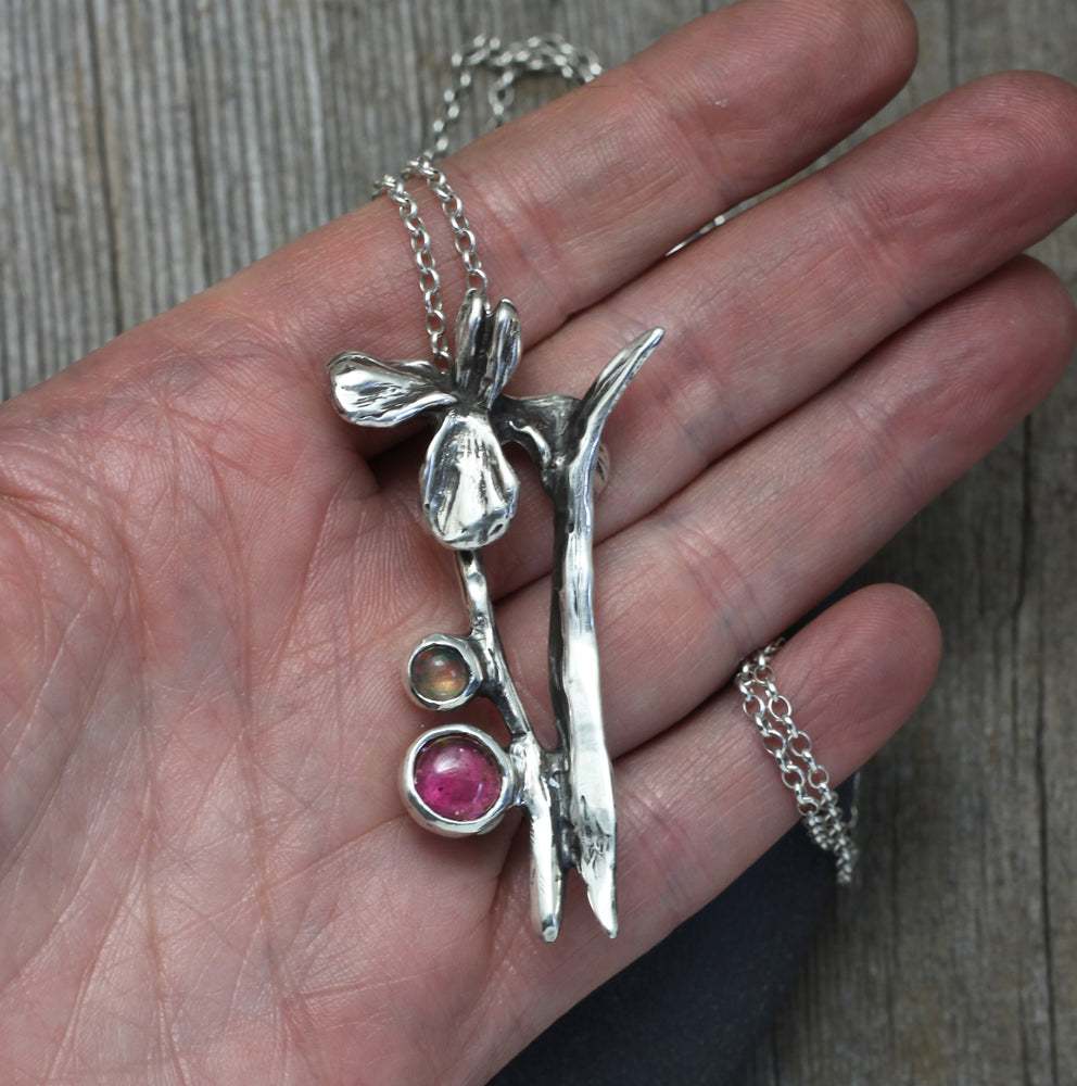 Iris flower pendant necklace in sterling silver