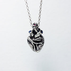 Anatomical Human Heart with rubies and sapphires in sterling silver pendant