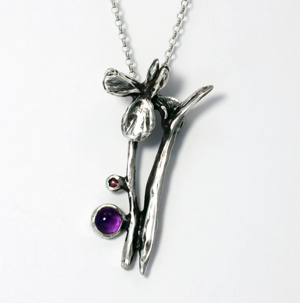 Iris sterling silver pendant set with pink tourmaline and amethyst